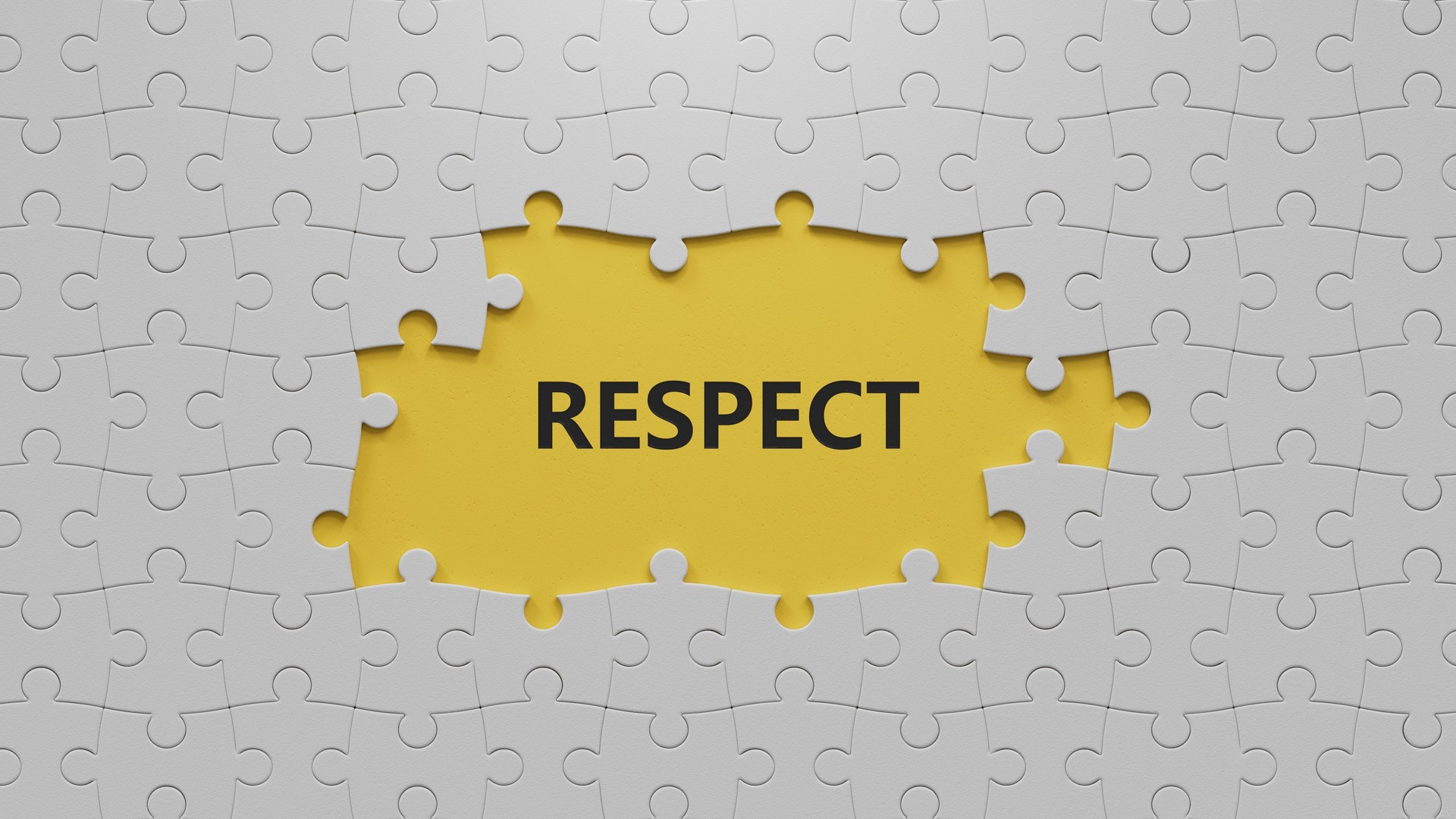 respect concept on The white puzzle pieces with missing pieces.close up of The white puzzle pieces with missing pieces,Business Concept.3D rendering on yellow background.